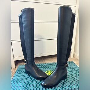 TORY BURCH MARSDEN BLACK LEATHER STRETCH GOLD REVA OVER THE KNEE ZIP BOOTS- 6.5